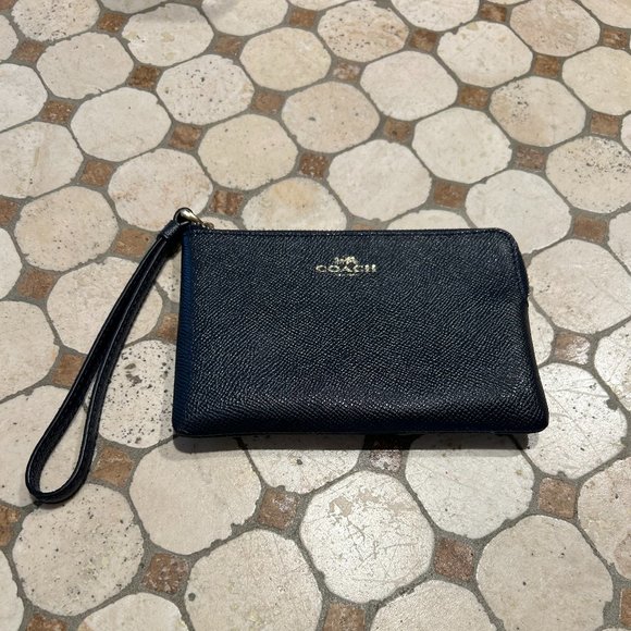 Coach Handbags - COACH Navy and Gold Leather Wristlet